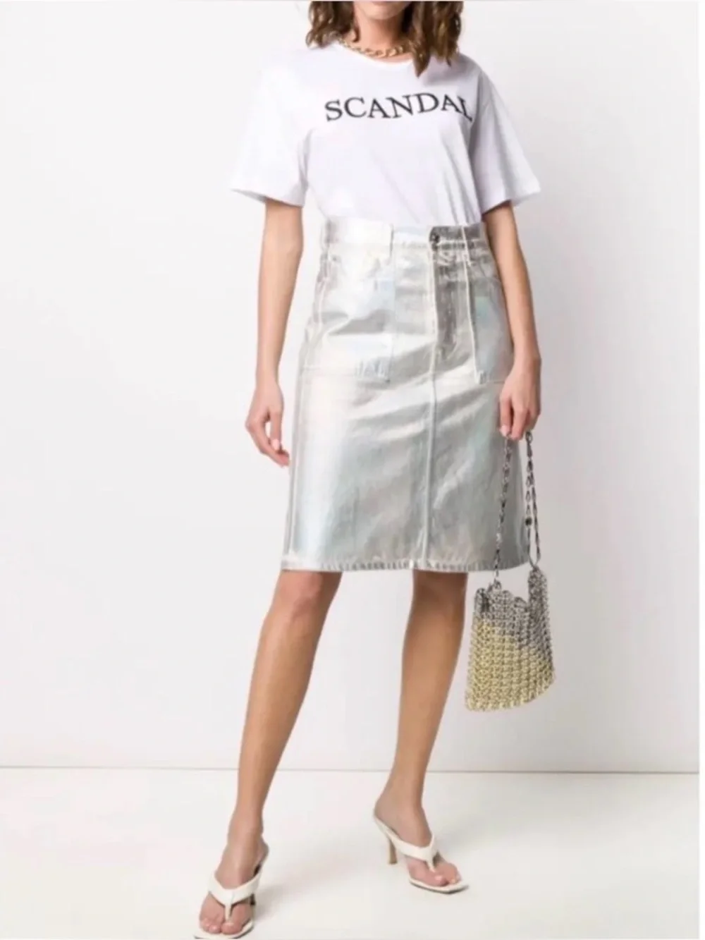 NWT Helmut Lang Silver Metallic Denim Pencil Skirt Size 24